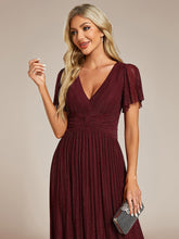 Load image into Gallery viewer, Color=Burgundy | Glittery V Neck Bowknot Waist Mesh Fabric Wholesale Evening Dress-Burgundy 4