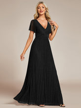 Load image into Gallery viewer, Color=Black | Glittery V Neck Bowknot Waist Mesh Fabric Wholesale Evening Dress-Black 13