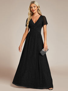 Color=Black | Glittery V Neck Bowknot Waist Mesh Fabric Wholesale Evening Dress-Black 15