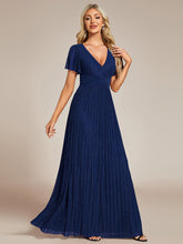 Load image into Gallery viewer, Color=Navy Blue | Glittery V Neck Bowknot Waist Mesh Fabric Wholesale Evening Dress-Navy Blue 