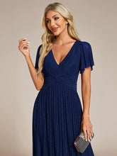 Load image into Gallery viewer, Color=Navy Blue | Glittery V Neck Bowknot Waist Mesh Fabric Wholesale Evening Dress-Navy Blue 