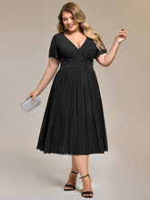 Load image into Gallery viewer, Color=Black | Wholesale Pricing Short Sleeve Ruffle V-Neck A-Line Midi Length Formal Dresses-Black 3