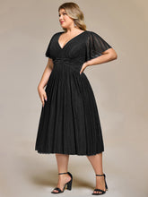 Load image into Gallery viewer, Color=Black | Wholesale Pricing Short Sleeve Ruffle V-Neck A-Line Midi Length Formal Dresses-Black 4