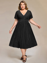 Load image into Gallery viewer, Color=Black | Wholesale Pricing Short Sleeve Ruffle V-Neck A-Line Midi Length Formal Dresses-Black 1