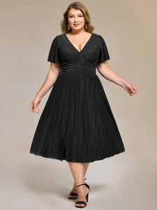 Color=Black | Wholesale Pricing Short Sleeve Ruffle V-Neck A-Line Midi Length Formal Dresses-Black 1