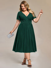 Load image into Gallery viewer, Color=Dark Green | Wholesale Pricing Short Sleeve Ruffle V-Neck A-Line Midi Length Formal Dresses-Dark Green 8