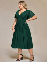 Load image into Gallery viewer, Color=Dark Green | Wholesale Pricing Short Sleeve Ruffle V-Neck A-Line Midi Length Formal Dresses-Dark Green 9