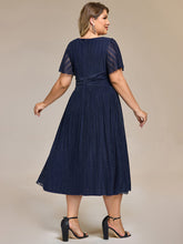 Load image into Gallery viewer, Color=Navy Blue | Wholesale Pricing Short Sleeve Ruffle V-Neck A-Line Midi Length Formal Dresses-Navy Blue 12