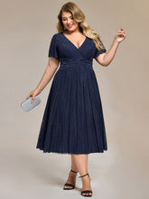 Load image into Gallery viewer, Color=Navy Blue | Wholesale Pricing Short Sleeve Ruffle V-Neck A-Line Midi Length Formal Dresses-Navy Blue 13