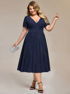 Color=Navy Blue | Wholesale Pricing Short Sleeve Ruffle V-Neck A-Line Midi Length Formal Dresses-Navy Blue 13