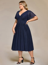 Load image into Gallery viewer, Color=Navy Blue | Wholesale Pricing Short Sleeve Ruffle V-Neck A-Line Midi Length Formal Dresses-Navy Blue 14
