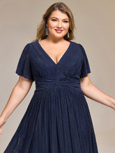Load image into Gallery viewer, Color=Navy Blue | Wholesale Pricing Short Sleeve Ruffle V-Neck A-Line Midi Length Formal Dresses-Navy Blue 15