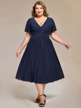 Load image into Gallery viewer, Color=Navy Blue | Wholesale Pricing Short Sleeve Ruffle V-Neck A-Line Midi Length Formal Dresses-Navy Blue 11