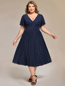 Color=Navy Blue | Wholesale Pricing Short Sleeve Ruffle V-Neck A-Line Midi Length Formal Dresses-Navy Blue 11