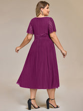 Load image into Gallery viewer, Color=Purple Wisteria | Wholesale Pricing Short Sleeve Ruffle V-Neck A-Line Midi Length Formal Dresses-Purple Wisteria 17
