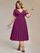 Load image into Gallery viewer, Color=Purple Wisteria | Wholesale Pricing Short Sleeve Ruffle V-Neck A-Line Midi Length Formal Dresses-Purple Wisteria 18