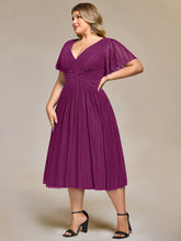 Load image into Gallery viewer, Color=Purple Wisteria | Wholesale Pricing Short Sleeve Ruffle V-Neck A-Line Midi Length Formal Dresses-Purple Wisteria 19