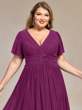 Load image into Gallery viewer, Color=Purple Wisteria | Wholesale Pricing Short Sleeve Ruffle V-Neck A-Line Midi Length Formal Dresses-Purple Wisteria 20