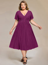 Load image into Gallery viewer, Color=Purple Wisteria | Wholesale Pricing Short Sleeve Ruffle V-Neck A-Line Midi Length Formal Dresses-Purple Wisteria 16