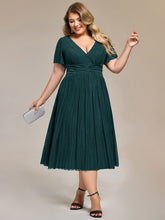 Load image into Gallery viewer, Color=Teal | Wholesale Pricing Short Sleeve Ruffle V-Neck A-Line Midi Length Formal Dresses-Teal 25