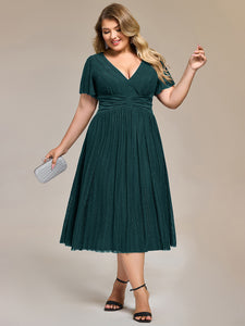 Color=Teal | Wholesale Pricing Short Sleeve Ruffle V-Neck A-Line Midi Length Formal Dresses-Teal 25