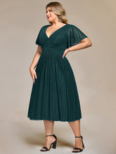 Load image into Gallery viewer, Color=Teal | Wholesale Pricing Short Sleeve Ruffle V-Neck A-Line Midi Length Formal Dresses-Teal 26