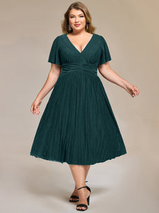 Color=Teal | Wholesale Pricing Short Sleeve Ruffle V-Neck A-Line Midi Length Formal Dresses-Teal 22