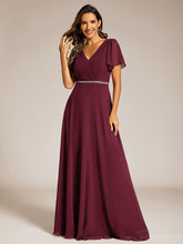 Load image into Gallery viewer, Color=Burgundy | Elegant Midi Length Ruffles Sleeves Chiffon Dresses Empire Waist Evening Dresses with Belt-Burgundy 8