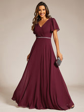 Load image into Gallery viewer, Color=Burgundy | Elegant Midi Length Ruffles Sleeves Chiffon Dresses Empire Waist Evening Dresses with Belt-Burgundy 9