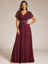 Load image into Gallery viewer, Elegant Midi Length Ruffles Sleeves Chiffon Dresses Empire Waist Evening Dresses with Belt