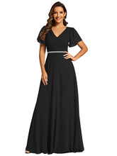 Load image into Gallery viewer, Color=Black | Elegant Midi Length Ruffles Sleeves Chiffon Dresses Empire Waist Evening Dresses with Belt-Black 12