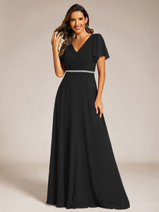 Color=Black | Elegant Midi Length Ruffles Sleeves Chiffon Dresses Empire Waist Evening Dresses with Belt-Black 14