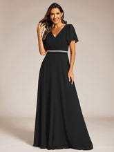 Load image into Gallery viewer, Color=Black | Elegant Midi Length Ruffles Sleeves Chiffon Dresses Empire Waist Evening Dresses with Belt-Black 14
