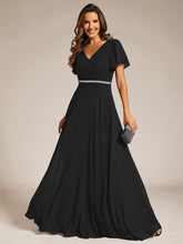 Load image into Gallery viewer, Color=Black | Elegant Midi Length Ruffles Sleeves Chiffon Dresses Empire Waist Evening Dresses with Belt-Black 15