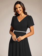 Load image into Gallery viewer, Color=Black | Elegant Midi Length Ruffles Sleeves Chiffon Dresses Empire Waist Evening Dresses with Belt-Black 16