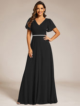 Load image into Gallery viewer, Color=Black | Elegant Midi Length Ruffles Sleeves Chiffon Dresses Empire Waist Evening Dresses with Belt-Black 11