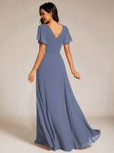 Load image into Gallery viewer, Color=Dusty Blue | Elegant Midi Length Ruffles Sleeves Chiffon Dresses Empire Waist Evening Dresses with Belt-Dusty Blue 18