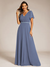 Load image into Gallery viewer, Color=Dusty Navy | Elegant Midi Length Ruffles Sleeves Chiffon Dresses Empire Waist Evening Dresses with Belt-Dusty Navy 19