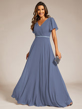 Load image into Gallery viewer, Color=Dusty Navy | Elegant Midi Length Ruffles Sleeves Chiffon Dresses Empire Waist Evening Dresses with Belt-Dusty Navy 20