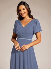 Load image into Gallery viewer, Color=Dusty Navy | Elegant Midi Length Ruffles Sleeves Chiffon Dresses Empire Waist Evening Dresses with Belt-Dusty Navy 21