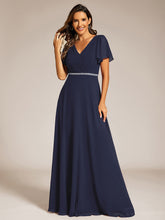 Load image into Gallery viewer, Color=Navy Blue | Elegant Midi Length Ruffles Sleeves Chiffon Dresses Empire Waist Evening Dresses with Belt-Navy Blue 24