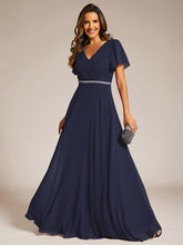 Load image into Gallery viewer, Color=Navy Blue | Elegant Midi Length Ruffles Sleeves Chiffon Dresses Empire Waist Evening Dresses with Belt-Navy Blue 25