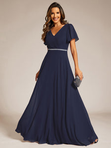 Color=Navy Blue | Elegant Midi Length Ruffles Sleeves Chiffon Dresses Empire Waist Evening Dresses with Belt-Navy Blue 25