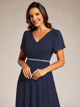 Load image into Gallery viewer, Color=Navy Blue | Elegant Midi Length Ruffles Sleeves Chiffon Dresses Empire Waist Evening Dresses with Belt-Navy Blue 26