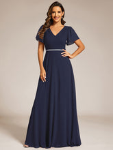 Load image into Gallery viewer, Color=Navy Blue | Elegant Midi Length Ruffles Sleeves Chiffon Dresses Empire Waist Evening Dresses with Belt-Navy Blue 22