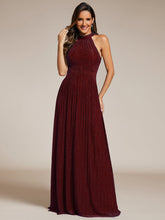 Load image into Gallery viewer, Color=Burgundy | Glittery Halter Neck Pleated Formal Wholesale Evening Dress-Burgundy 4