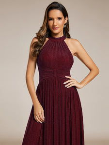 Color=Burgundy | Glittery Halter Neck Pleated Formal Wholesale Evening Dress-Burgundy 3