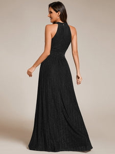 Color=Black | Glittery Halter Neck Pleated Formal Wholesale Evening Dress-Black 3