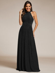 Color=Black | Glittery Halter Neck Pleated Formal Wholesale Evening Dress-Black 5