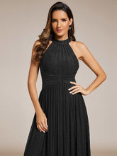 Load image into Gallery viewer, Color=Black | Glittery Halter Neck Pleated Formal Wholesale Evening Dress-Black 2